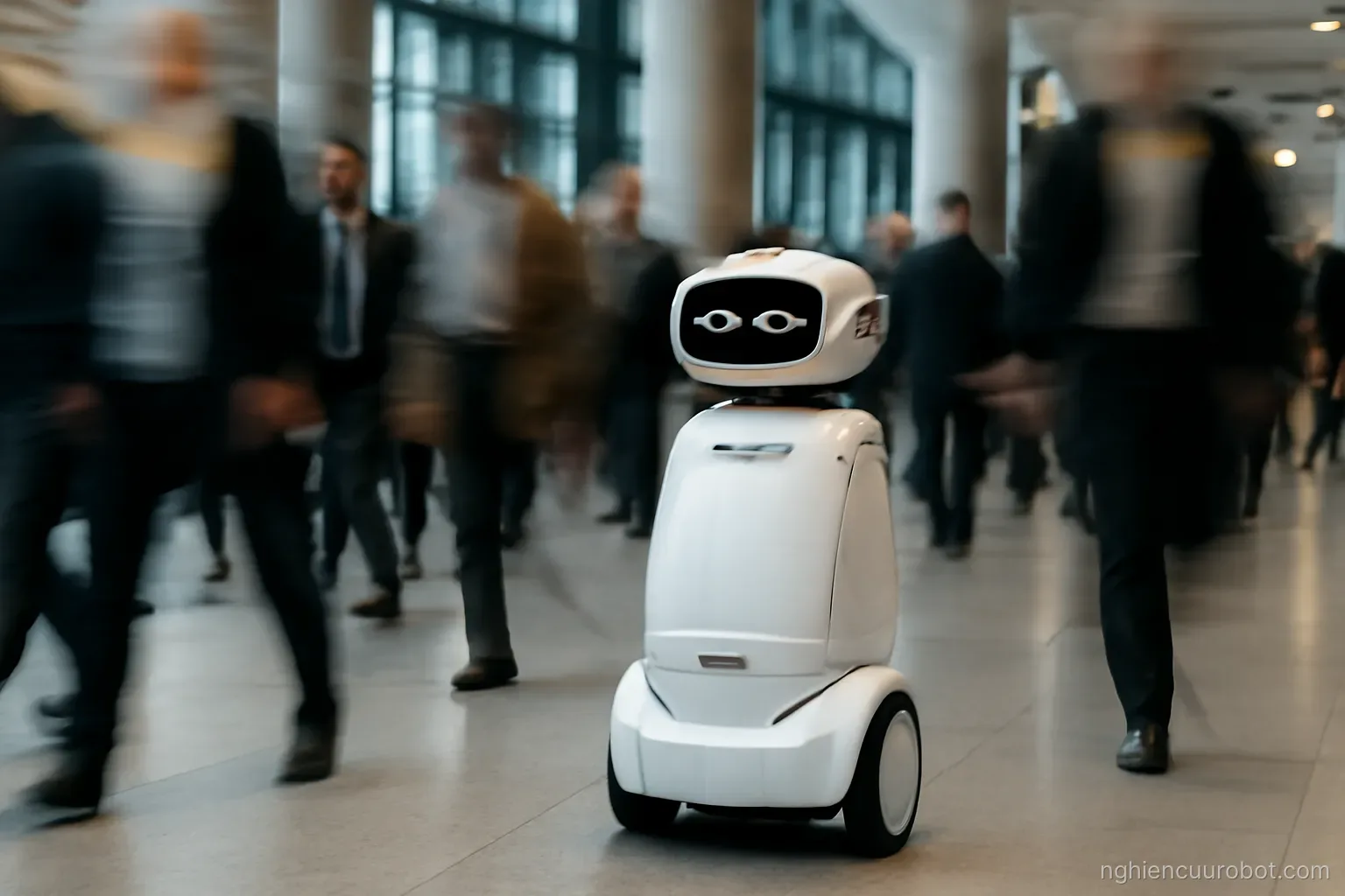 Robot giữa dòng người trong sảnh đông