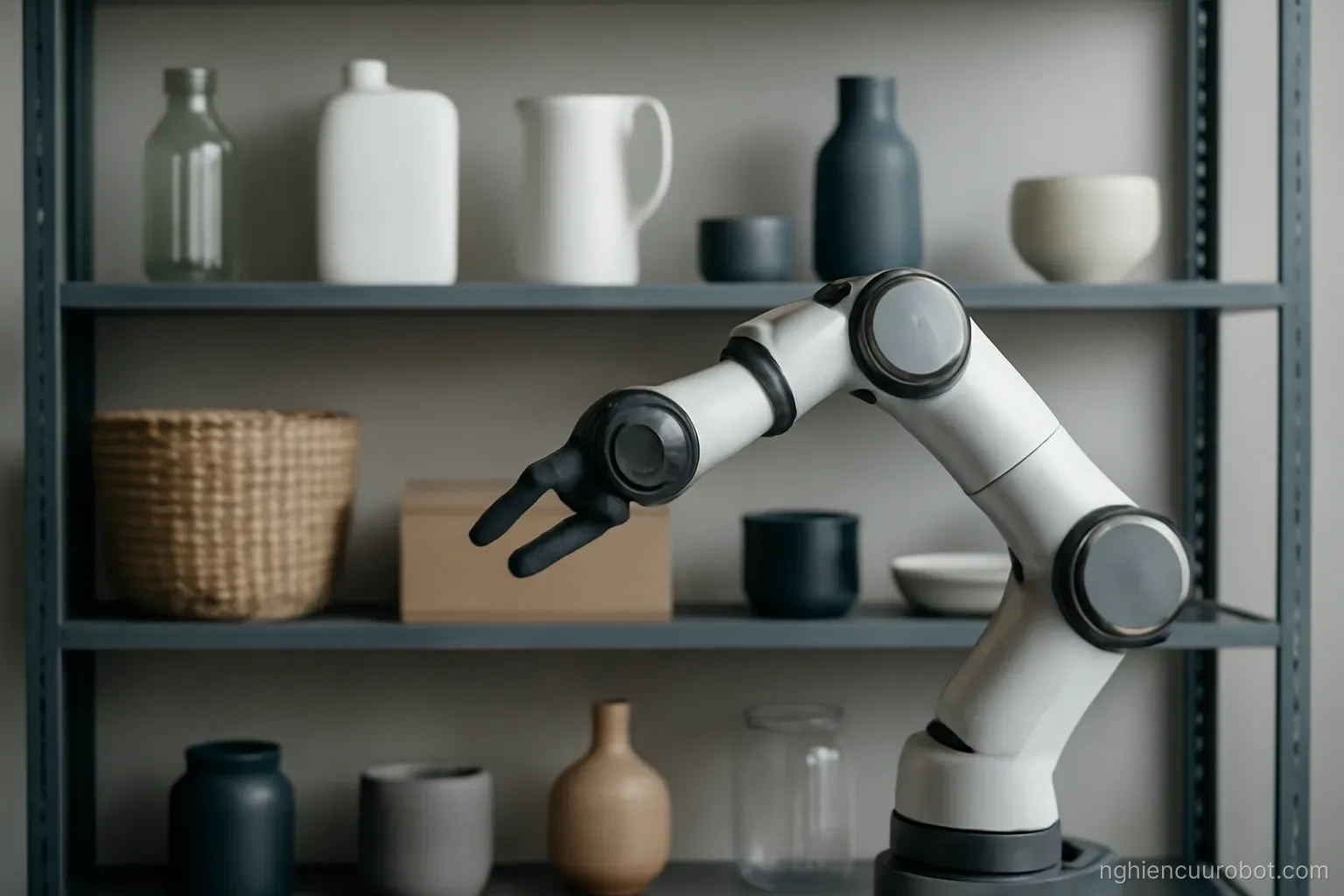 Robot đứng trước kệ nhiều vật thể khác nhau