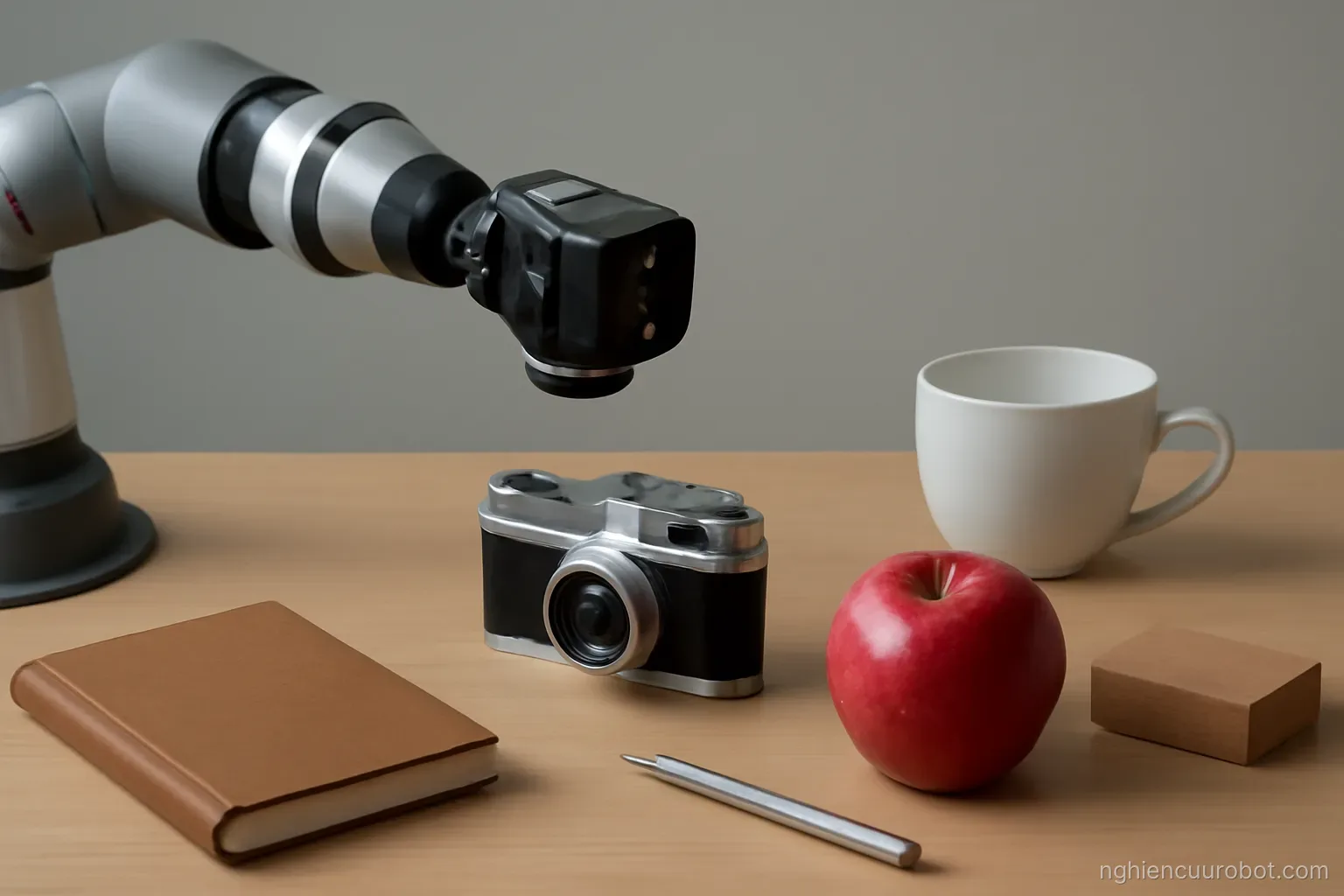 Camera robot quan sát một nhóm vật thể trên bàn